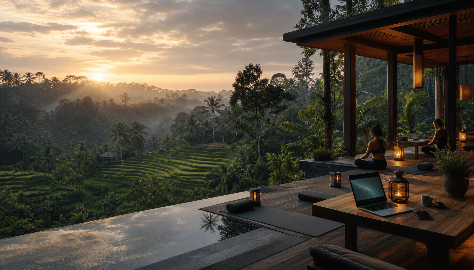 Retreat deck with rice terraces in Ubud, Bali