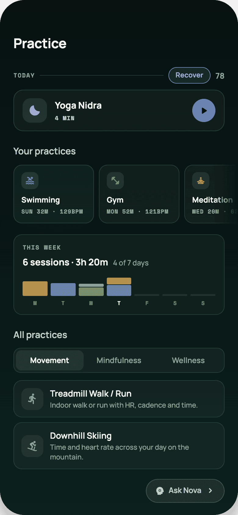 Vyana Practice screen in dark mode