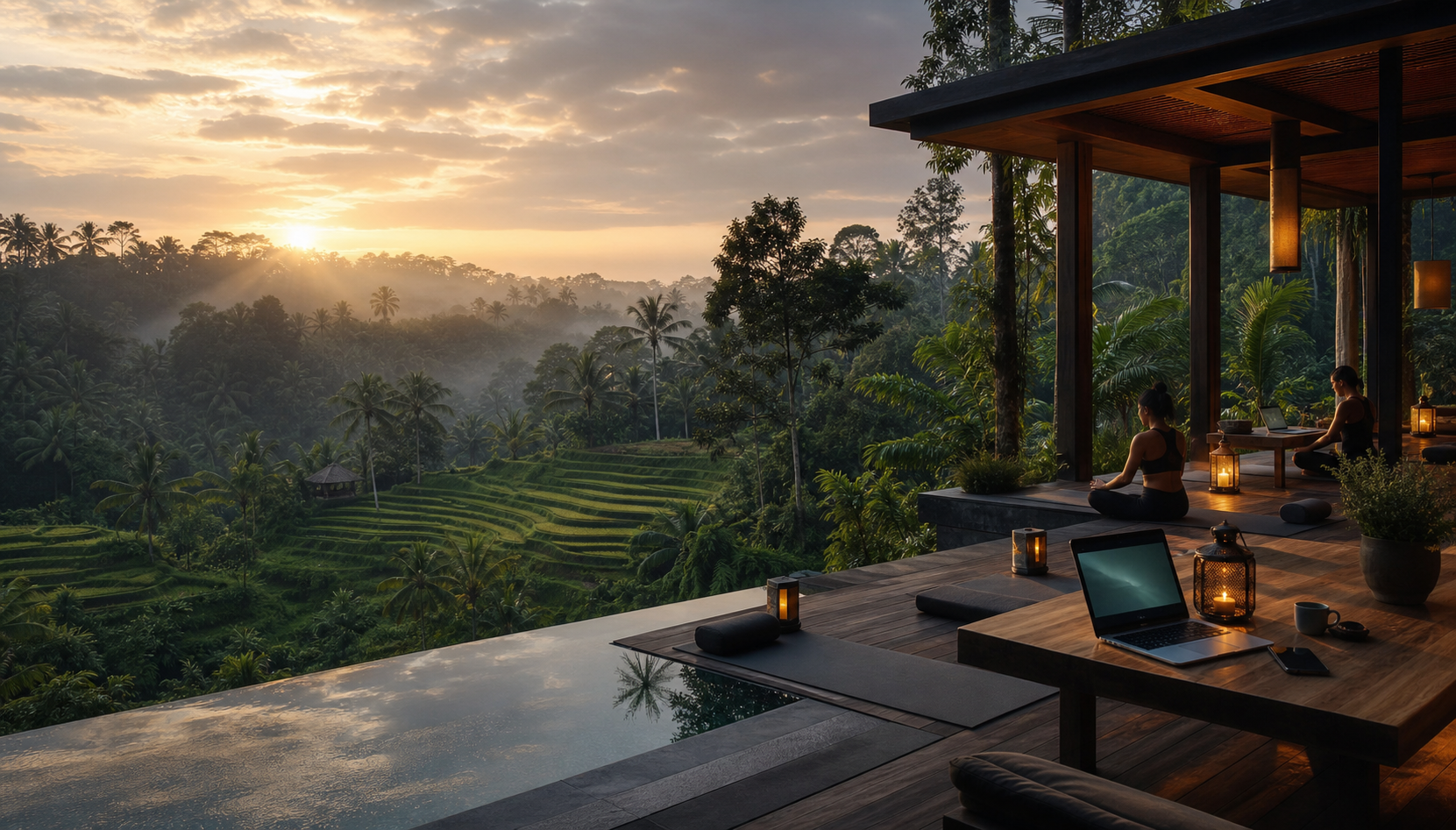 Open-air retreat deck overlooking rice terraces at sunrise